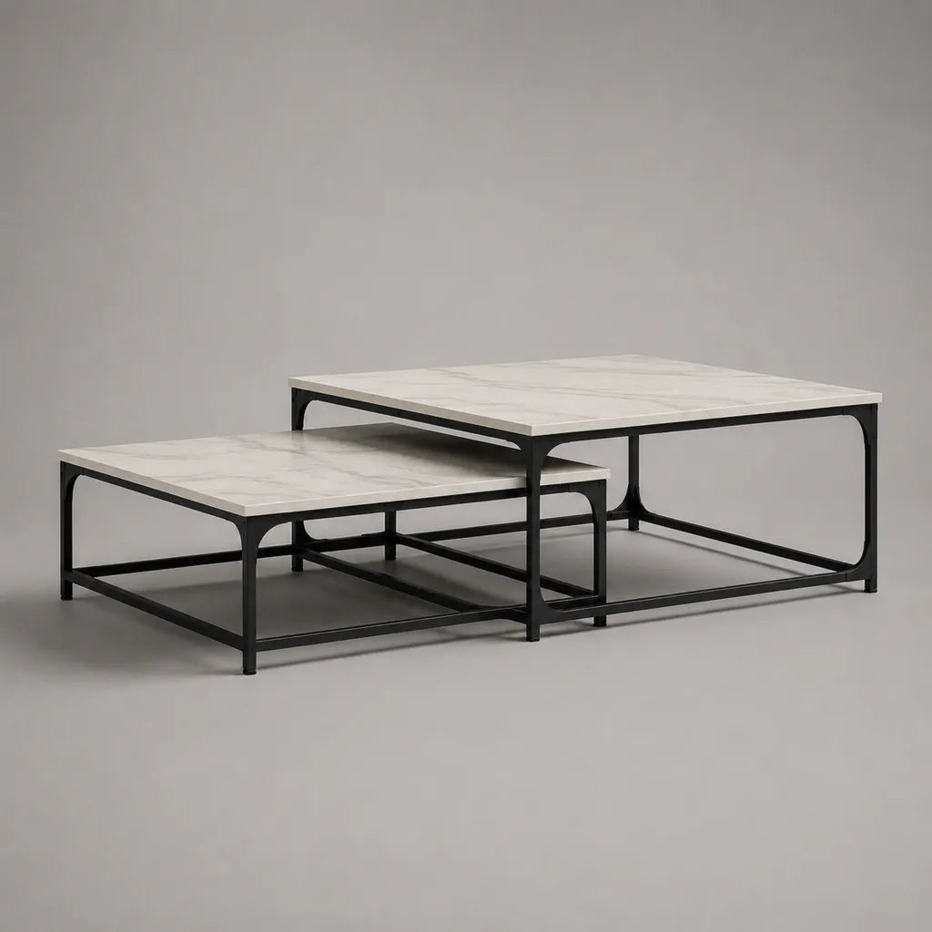 Lot de 2 tables basses gigognes carrées en MDF effet marbre blanc et métal noir, 80 × 80 × 45 cm et 70 × 70 × 35 cm