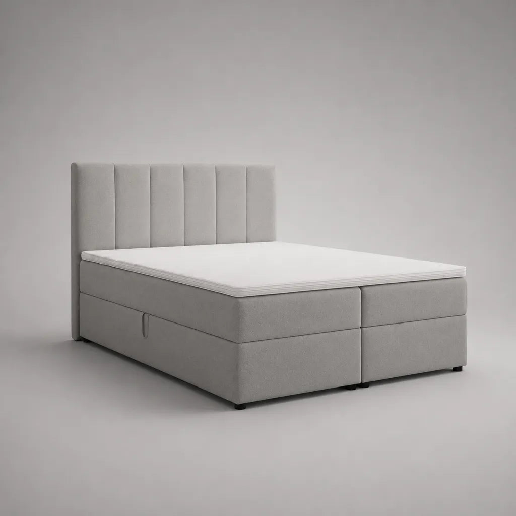 Kit à ressorts avec boîte de lit, tête de lit, matelas à ressorts et haut-parleur, housse en polyester, gris clair/blanc, couchage 160 × 200 cm, dimensions totales 210 × 170 × 120 cm