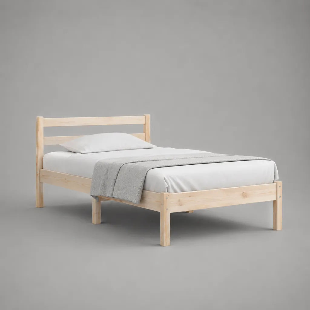 Bâti de lit double en bois massif de pin avec grille lattée, nature, couchage 140 × 200 cm, dimensions totales 208 × 148 × 90 cm