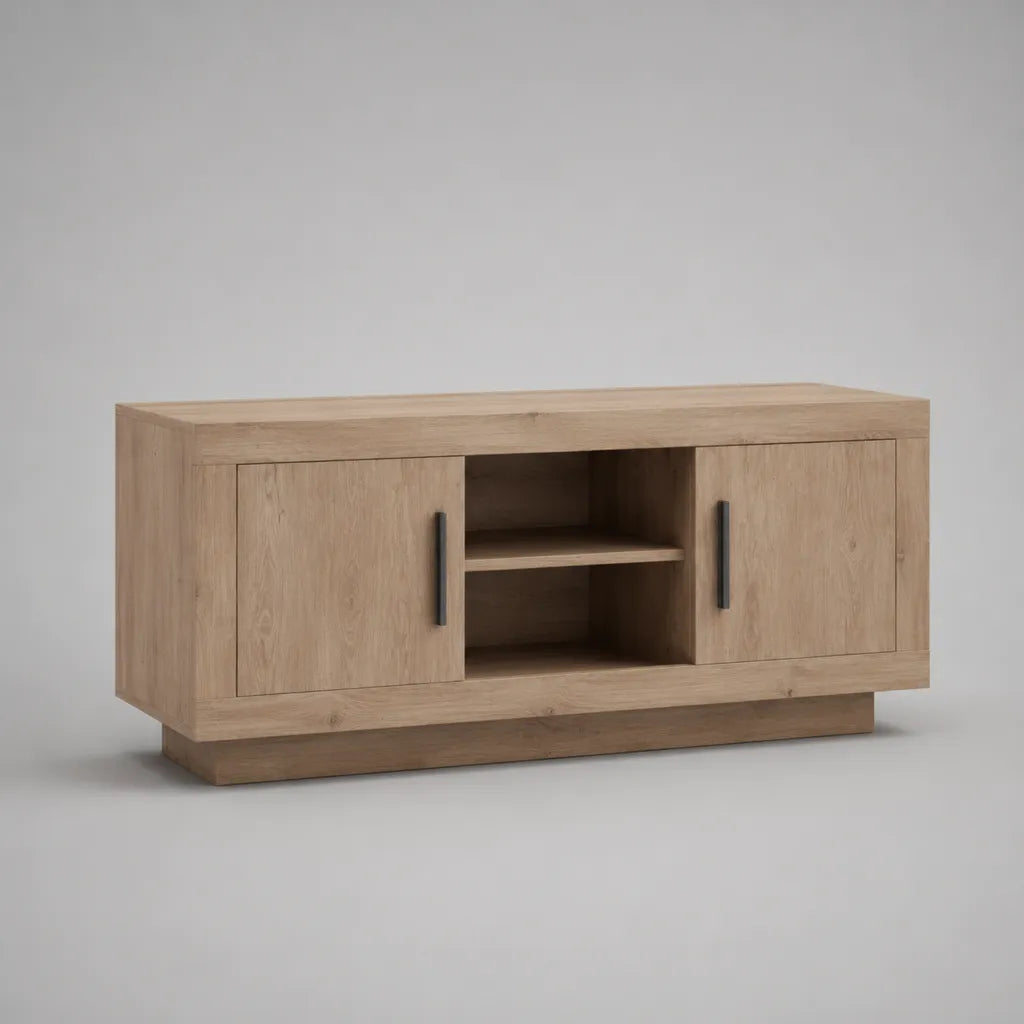 Armoire Meuble TV bas en panneaux de particules et MDF avec 2 portes, Chêne Nature et Noir, 120 × 40 × 60 cm