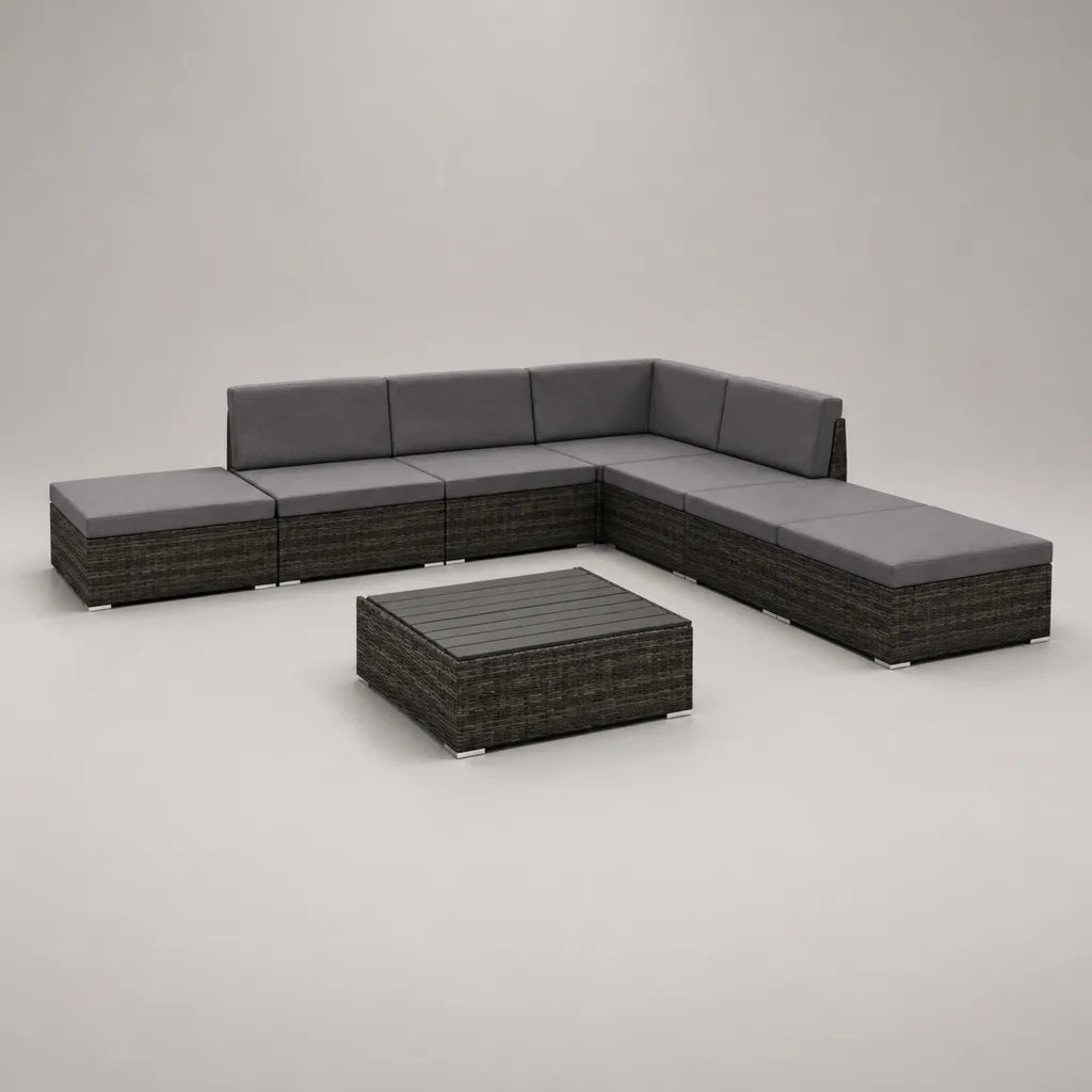 Canapé de jardin modulable d rendeletangle 7 places avec table basse en résisée noire et tissu gris anthracite, 280 × 280 × 60 cm