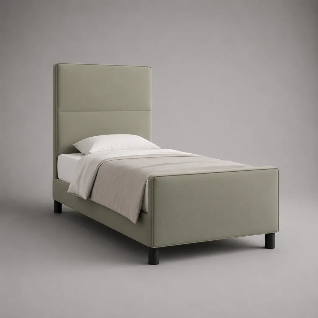 Lit simple en polyester et MDF, vert gris, couchage 90 × 200 cm, dimensions extérieures 101 × 215 × 140 cm