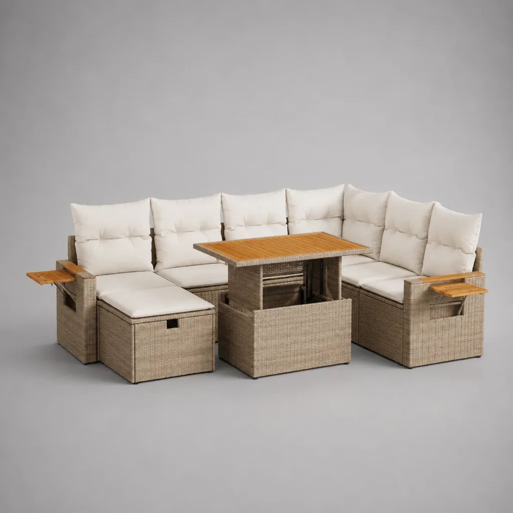 Salon de jardin d'angle 8 places avec table valable et pouf-coffre en polyéthylène tressé beige taupe, 250 × 190 × 85 cm