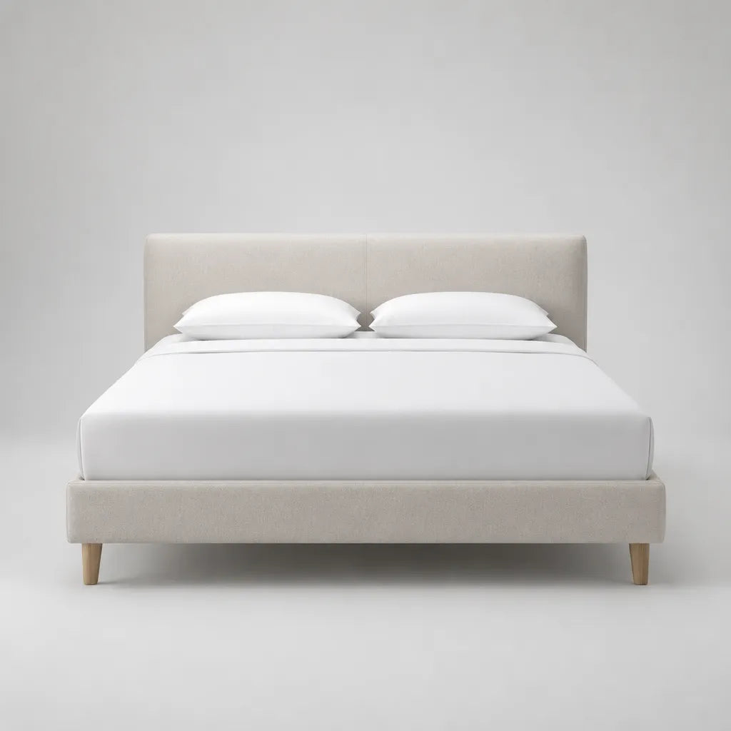 Lit double 160 × 200 cm avec tête de lit et grille en bois, dimensions totales 215 × 170 × 105 cm, beige