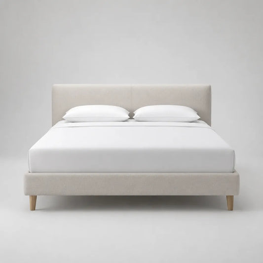 Lit double 160 × 200 cm avec tête de lit et grille en bois, dimensions totales 215 × 170 × 105 cm, beige