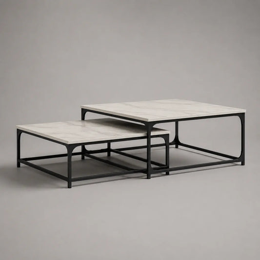 Lot de 2 tables basses gigognes carrées en MDF effet marbre blanc et métal noir, 80 × 80 × 45 cm et 70 × 70 × 35 cm