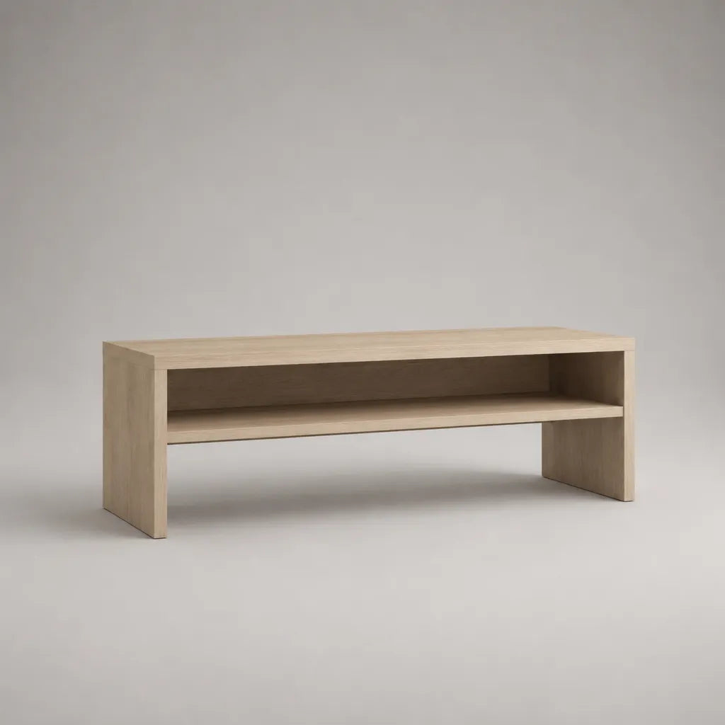 Meuble TV bas en panneau de particules avec compartiment ouvert, décoration en chêne beige clair, 120 × 40 × 50 cm