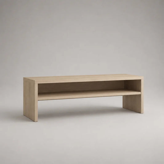 Meuble TV bas en panneau de particules avec compartiment ouvert, décoration en chêne beige clair, 120 × 40 × 50 cm