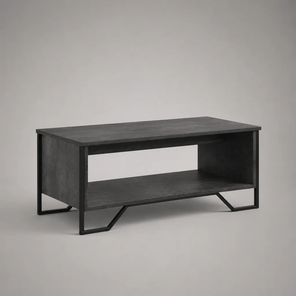 Table basse Rectangulaire avec étagère en poches de particuliers mélaminés et acier, gris anthracite/noir, 100 × 50 × 45 cm