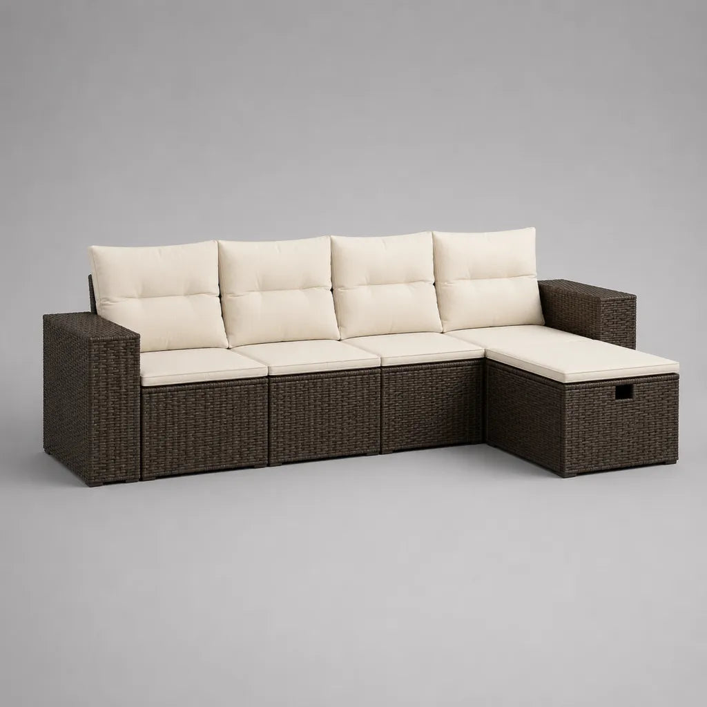 Canapé de jardin déangle 4 places en résine résée marron fondé et missu crée, méridienne àdroite, 247 × 177 × 84 cm