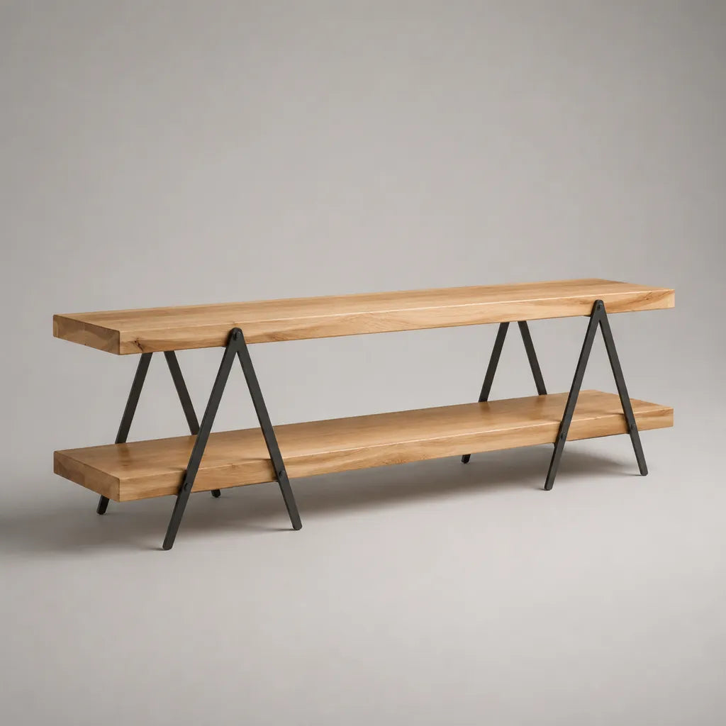 Meuble TV bas en bois d'acacia massif et acier, brun naturel/noir, 180 × 40 × 60 cm
