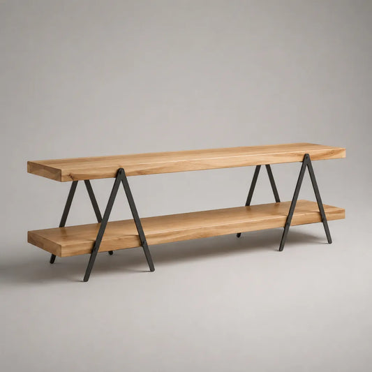 Meuble TV bas en bois d'acacia massif et acier, brun naturel/noir, 180 × 40 × 60 cm