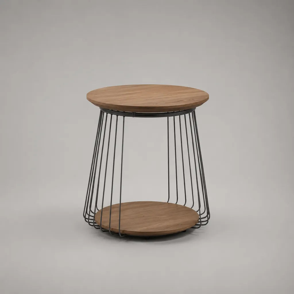 Table basse ronde en bois massif et acier avec étagère, Ø 55 × H 55 cm, marron naturel et noir