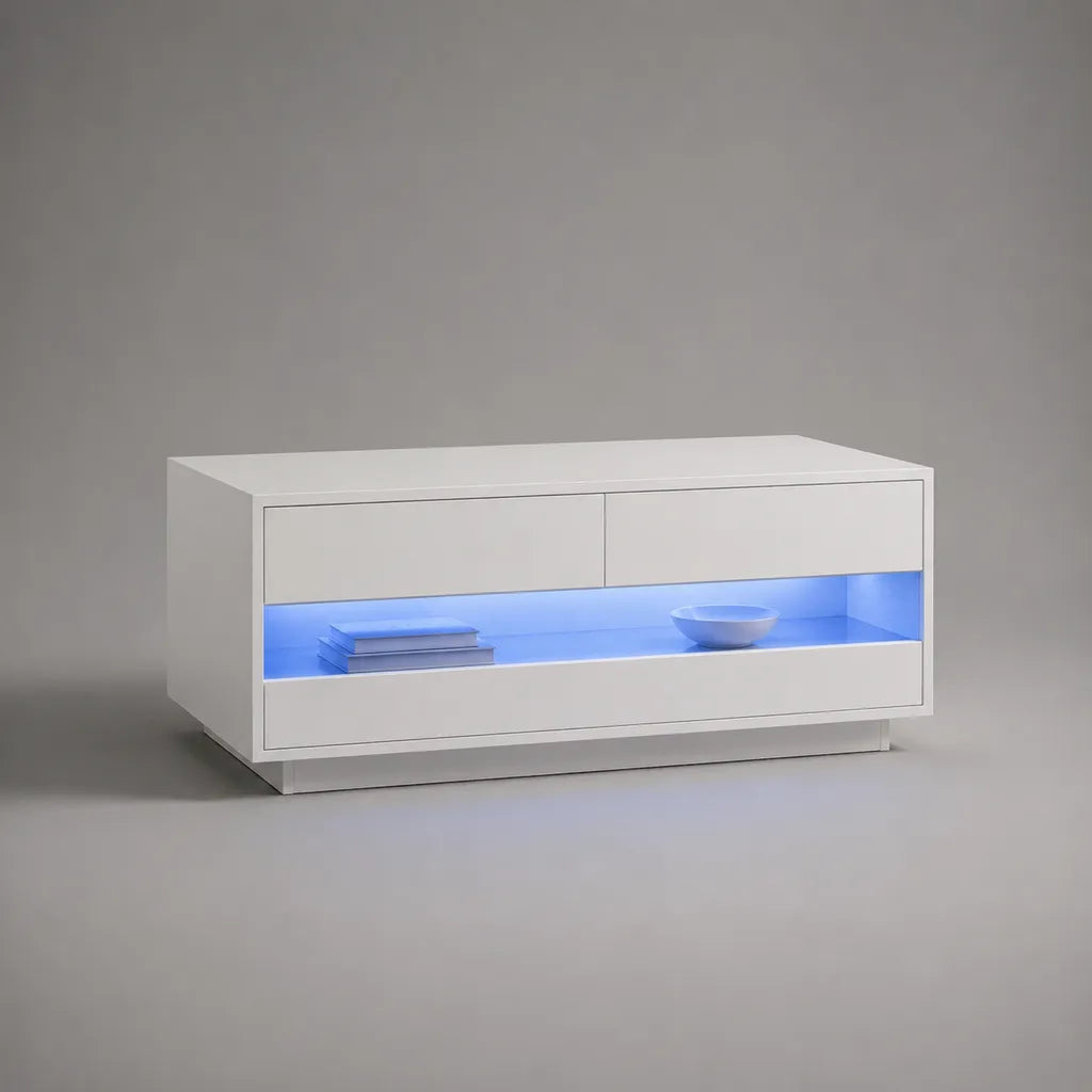 Table basse Rectangulaire Blanche en bois avec 2 tiroirs, niche et éclairage bleu, 100 × 50 × 45 cm