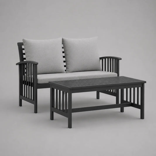 Salon de jardin extérieur 2 pièces en bois gris anthracite avec canapé 2 places 126 × 70 × 78 cm et table basse 100 × 55 × 45 cm, cousins gris clair