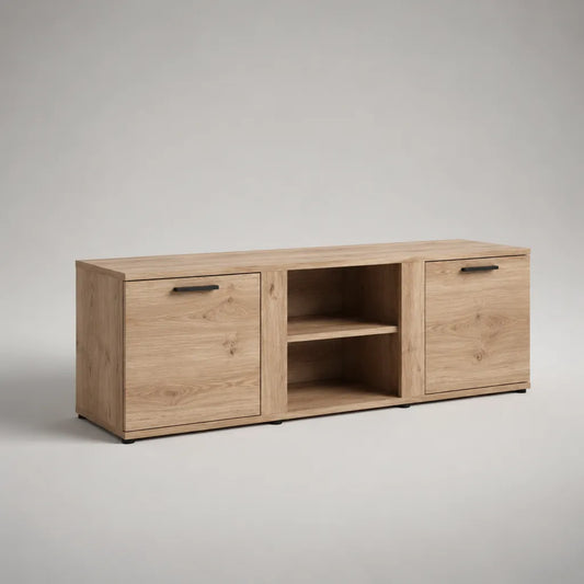 Meuble TV bas en panneaux de particules avec 2 portes et 2 compartiments ouverts, Chêne Nature/Noir, 160 × 40 × 60 cm