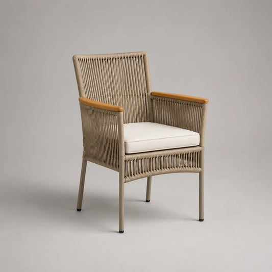 Fauteuil de jardin en aluminium, corde tressée et bois avec cousin beige, 62 × 59 × 88 cm