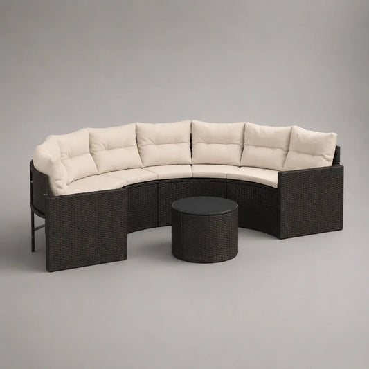 Salon de jardin modulable 6 pièces en résis tière tressée et acier avec table ronde, brun fondu, écru et noir, 260 × 130 × 75 cm