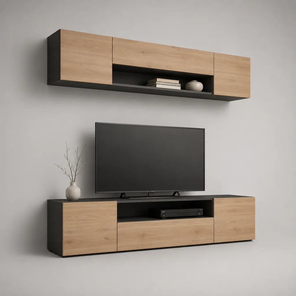 Ensemble meuble TV 2 pièces en poches de particuliers, chêne nature et noir, meuble bas 200 × 40 × 45 cm et rangement mural 180 × 30 × 50 cm