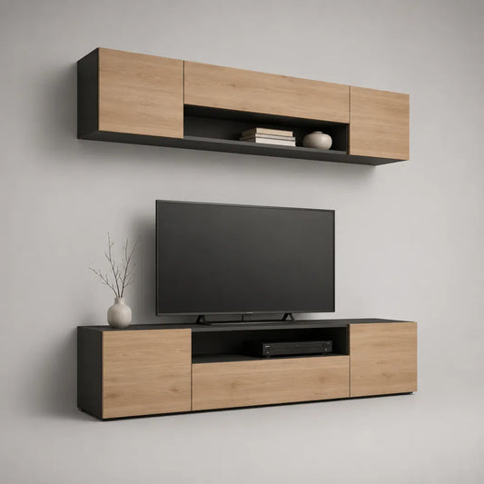 Ensemble meuble TV 2 pièces en poches de particuliers, chêne nature et noir, meuble bas 200 × 40 × 45 cm et rangement mural 180 × 30 × 50 cm