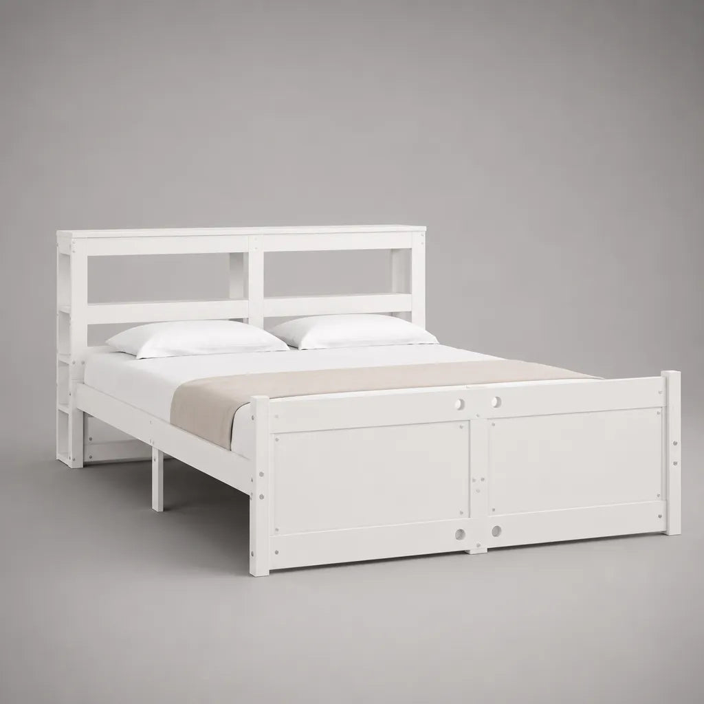 Boîtier avec rangement et tête d'étagère en pin massif et MDF, blanc, surface de couchage 140 × 200 cm