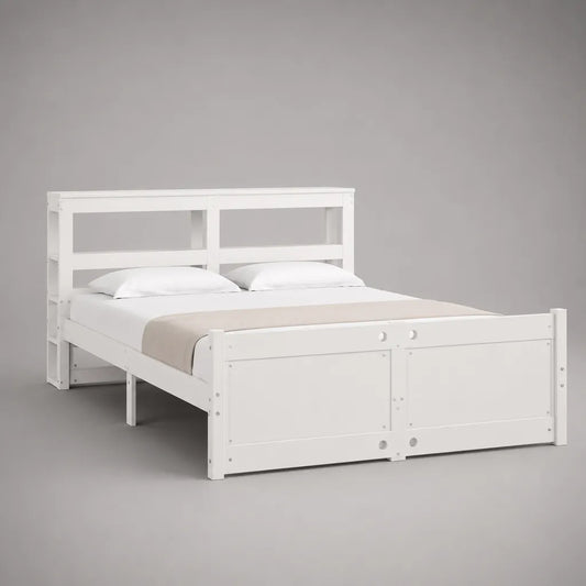 Boîtier avec rangement et tête d'étagère en pin massif et MDF, blanc, surface de couchage 140 × 200 cm