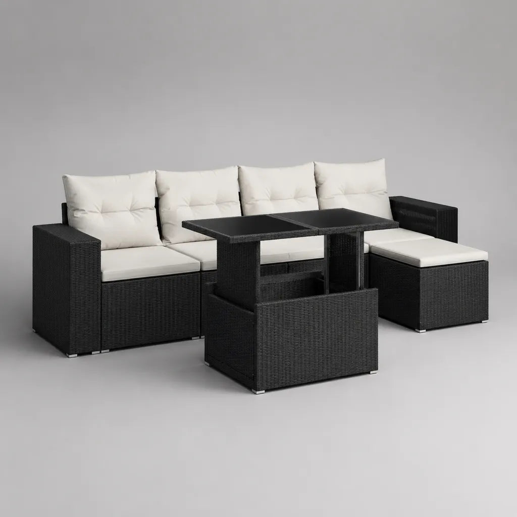 Salon de jardin 5 places en résine couverte avec canapé modulaire, pouf, table valable et cousins, noir et blanc cassé, 245 × 175 × 73 cm