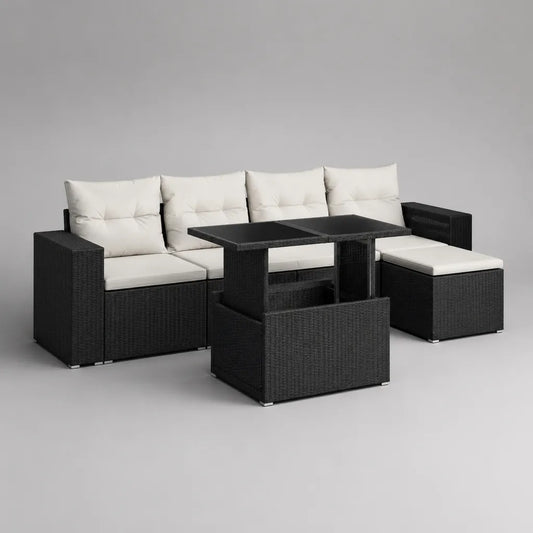 Salon de jardin 5 places en résine couverte avec canapé modulaire, pouf, table valable et cousins, noir et blanc cassé, 245 × 175 × 73 cm