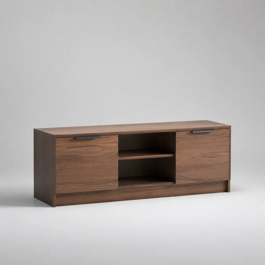 Meuble TV bas rectangulaire en banques de particuliers et métal, brun noyer et noir, 2 ports et 2 niches, 140 × 40 × 55 cm
