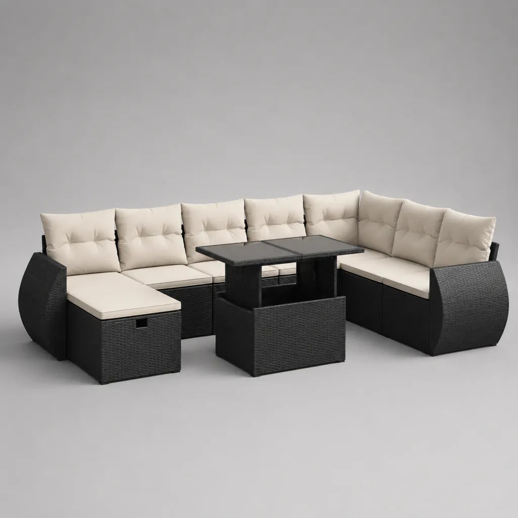 Salon de jardin modulable 9 places en U avec table et 2 poufs, résisté PE et acier, noir et beige, 260 × 200 × 75 cm