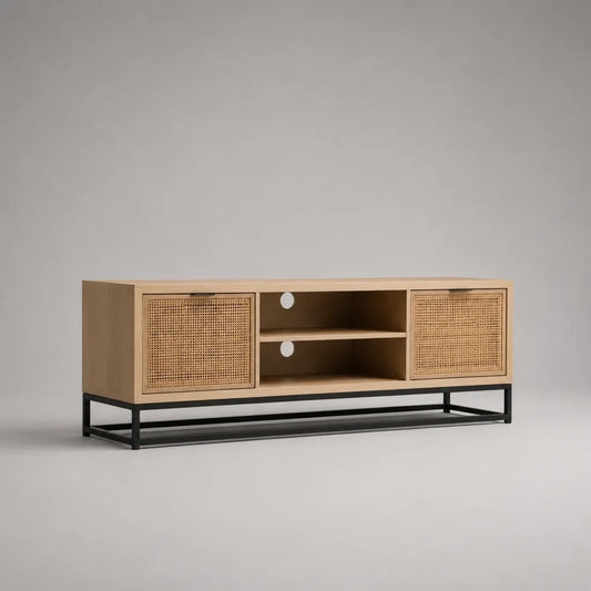 Meuble TV rectangulaire avec rangements en MDF plaqué chêne, rouge tressé et acier noir, 150 × 40 × 60 cm