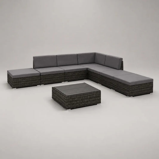 Canapé de jardin modulable d rendeletangle 7 places avec table basse en résisée noire et tissu gris anthracite, 280 × 280 × 60 cm