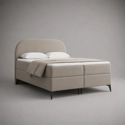 Lit double avec ressort de poche, housse en tissu et pieds en métal, beige, couchage 160 × 200 cm, dimensions totales 210 × 170 × 115 cm