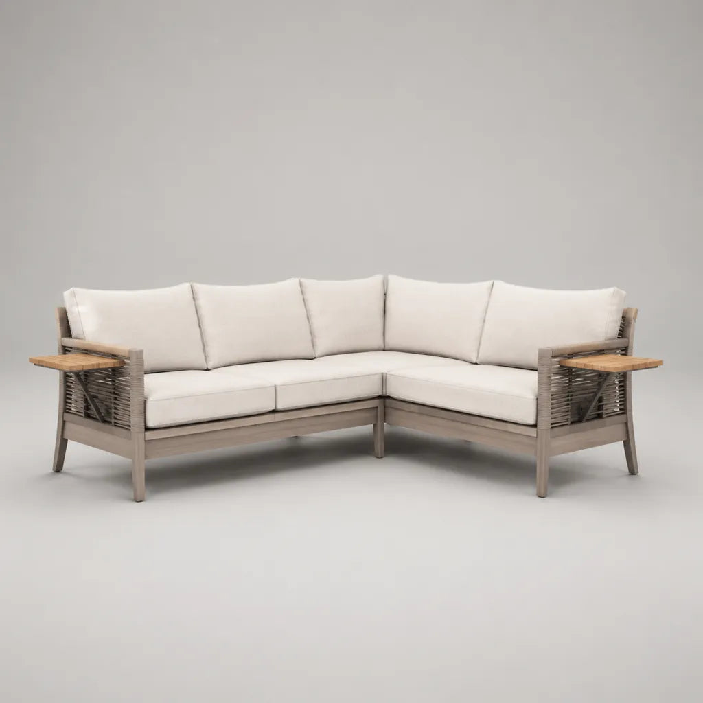 Canapé de jardin d'angle 5 places en aluminium, corde tressée et polyester, taupe, écru et marron clair, 222 × 222 × 78 cm