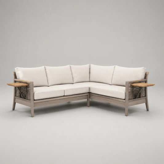 Canapé de jardin d'angle 5 places en aluminium, corde tressée et polyester, taupe, écru et marron clair, 222 × 222 × 78 cm