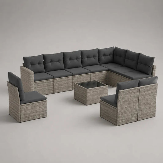 Salon de jardin d'angle 10 pièces 9 places en résinée grise avec cousins anthracite et table, 260 × 200 × 74 cm