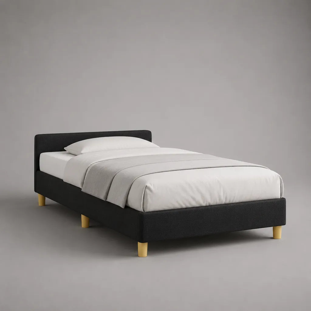 Lit rembourré simple avec grille en polyester et bois massif, noir/nature, couchage 90 × 200 cm, dimensions totales 208 × 99 × 90 cm