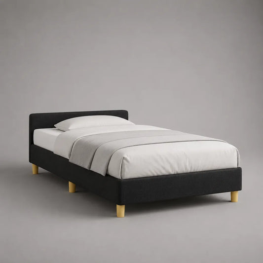 Lit rembourré simple avec grille en polyester et bois massif, noir/nature, couchage 90 × 200 cm, dimensions totales 208 × 99 × 90 cm