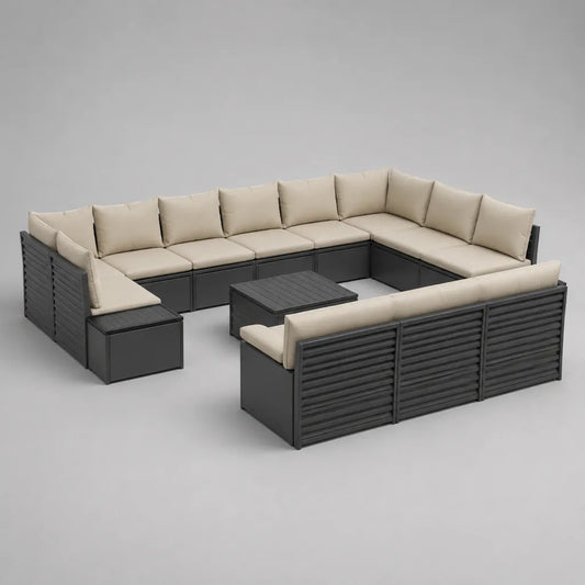 Ensemble canapé de jardin modulable 12 places en acier et plastique anthracite avec cousins beiges, 360 × 300 × 72 cm