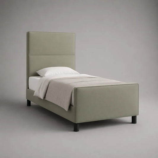 Lit simple en polyester et MDF, vert gris, couchage 90 × 200 cm, dimensions extérieures 101 × 215 × 140 cm