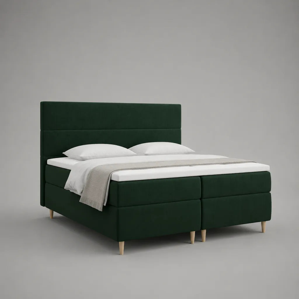 Lit à ressort avec ressort de poche, Topper et couverture en velours polyester, vert foncé, couchage 180 × 200 cm, dimensions totales 210 × 180 × 120 cm