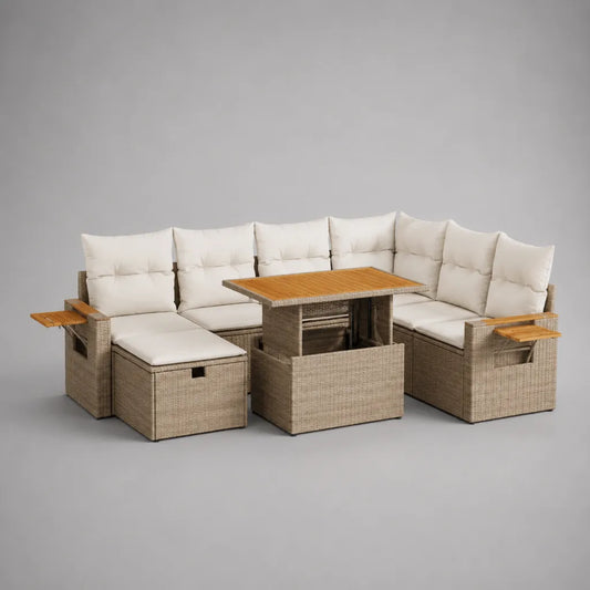 Salon de jardin d'angle 8 places avec table valable et pouf-coffre en polyéthylène tressé beige taupe, 250 × 190 × 85 cm